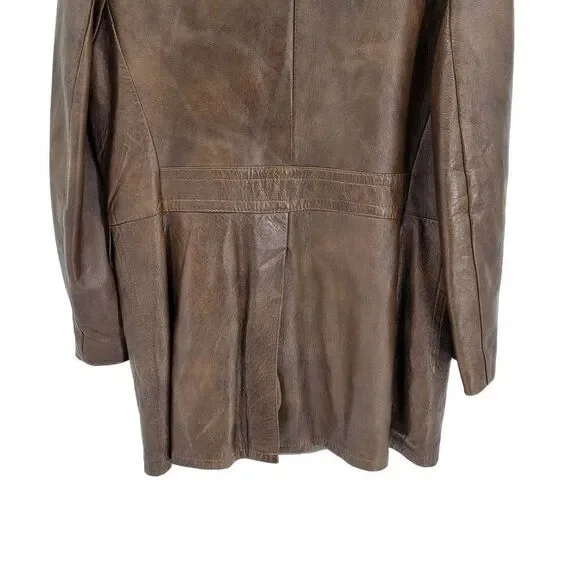 70s Leather Jacket Mottled Crackle Brown Duster Blazer Button Hippy Streetwear L - Picture 12 of 14